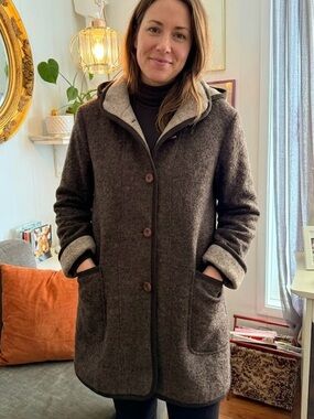 Niccolini Chocolate Brown Grey Tan Wool Blend Removable Hooded Car Coat Luxury